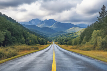 Fototapeta premium Empty asphalt road through mountain valley with dramatic sky.