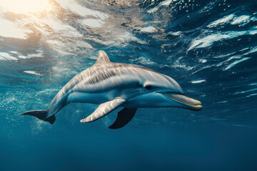 Fototapeta premium Dolphin Swimming Under Sunlit Ocean Surface
