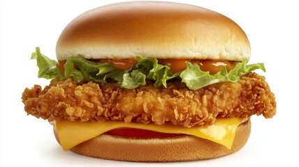 105.A mouthwatering burger featuring a golden, crispy fried chicken fillet topped with fresh lettuce, tomatoes, and a slice of melted cheese, all sandwiched between a lightly toasted bun. The crispy