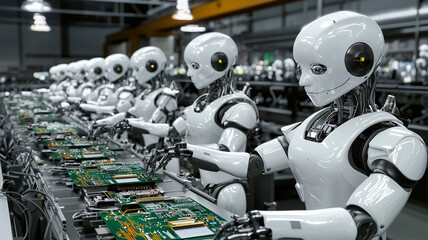 Fototapeta premium Automation and electronics featuring robots assembling small electronic parts with precision 