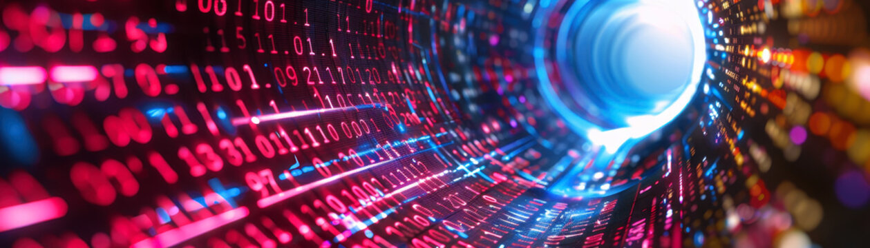 Digital tunnel with vibrant colors and binary code patterns.
