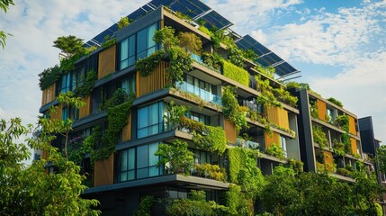 Obraz premium A modern building featuring green design elements, including solar panels, rooftop gardens, and energy-efficient windows.