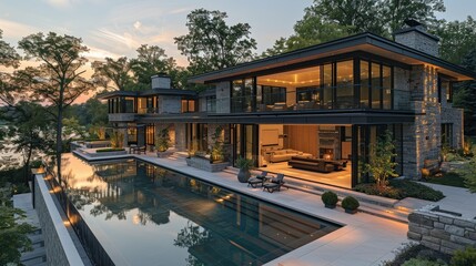 Obraz premium Modern luxury home with infinity pool at sunset.