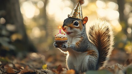 Obraz premium Cute squirrel wearing a party hat holds a cupcake with a candle.