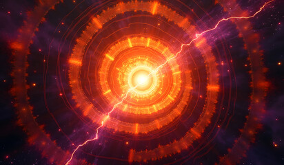 Obraz premium A mesmerizing cosmic explosion with vibrant orange and yellow concentric circles, split by a jagged lightning bolt, surrounded by deep space hues of purple and red.