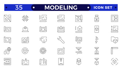 Modeling outline icon set. Architectural planning icon collection. Planning, scheme, dimension, project, measurement, floor plan and more.