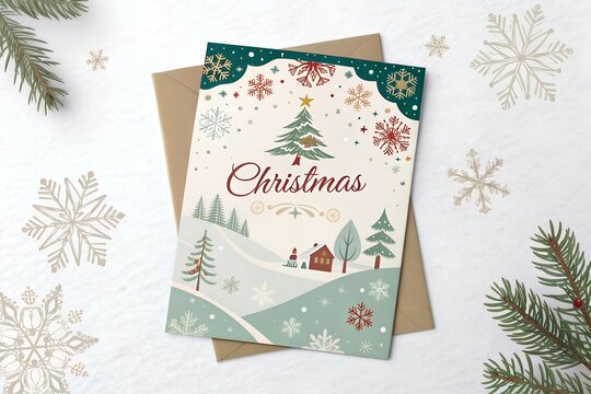 Festive vector Christmas card template featuring snowflakes and a winter landscape