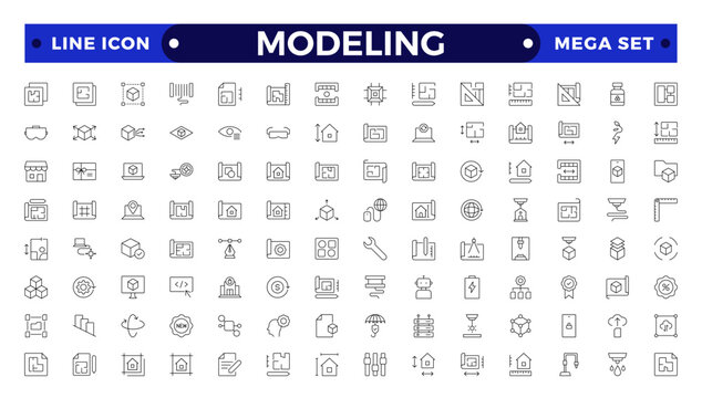 Modeling outline icon set. Architectural planning icon collection. Planning, scheme, dimension, project, measurement, floor plan and more.