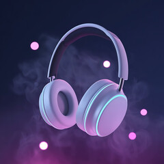 A headphone with neon lighting background foggy smoke.