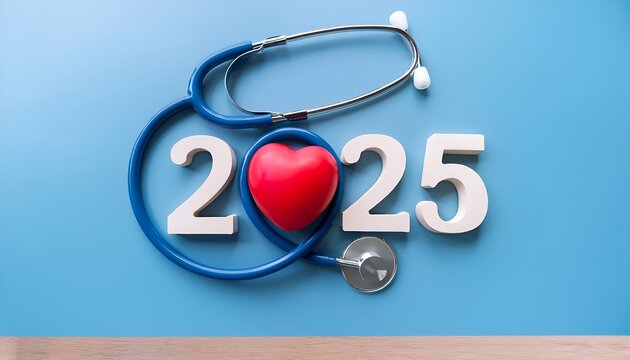 2025 Happy New Year for health care.heart health, health insurance concept, new year resolutions goal. yearly health checks and healthy trend. Red heart and stethoscope on blue background