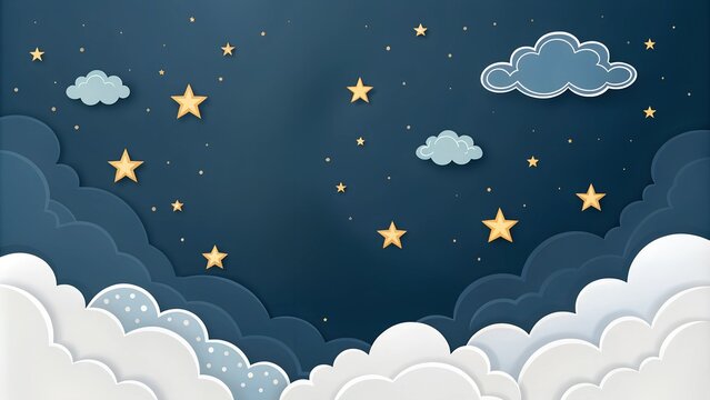 Starry night sky with whimsical clouds and golden stars above a dreamy landscape