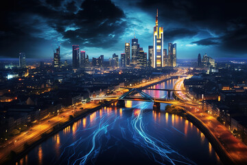 Fototapeta premium Dramatic Night Skyline Over River