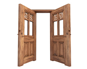 Obraz premium Open Wooden Double Doors with Intricate Carvings