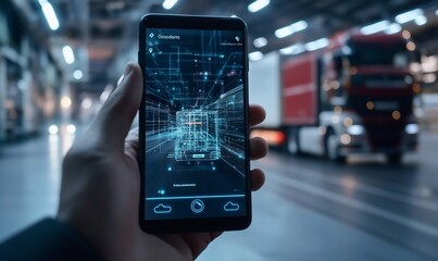 Hand holding phone displaying augmented reality truck data in warehouse.