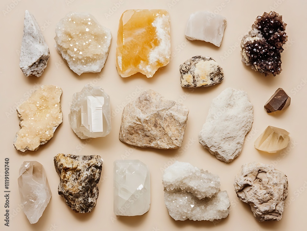 Poster flat lay of various crystals and minerals on beige background.