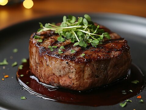 A beautifully grilled steak garnished with fresh herbs, resting on a plate with a rich sauce, showcasing a delicious meal. - Powered by Adobe