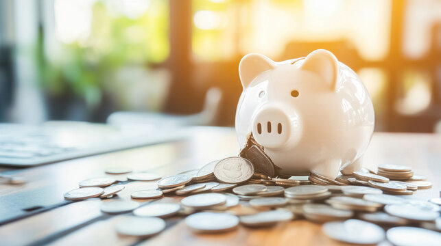 Broken piggy bank with coins scattered around, symbolizing financial struggle and the need for careful budgeting and saving.