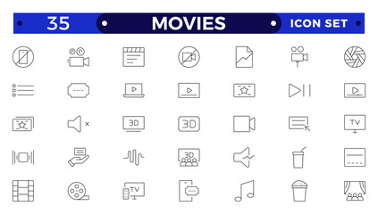 Movie outline icon set. Entertainment and arts icon collection. Contains such Icons as theater, cinema, video, dance, game, music arts, photo and more. Cinema, Movie line icons set.