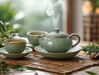 Fototapeta premium A serene tea set with a steaming pot and cups on a bamboo mat, surrounded by greenery, creating a peaceful atmosphere.