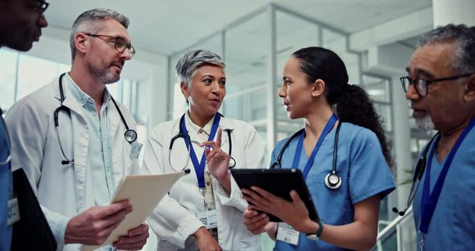 Doctor, team and collaboration with tablet, online and medical planning for surgery at hospital. Diversity, professional and group with discussion, healthcare and clinic staff with management