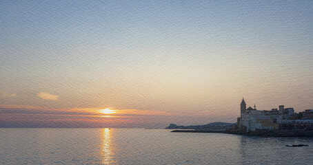 Beautiful sunset over the ocean with a small town in the background