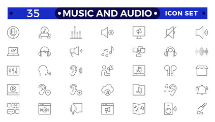 Music and Audio Outline icons set. Media, camera movie, voice, radio, music streaming, photography, headphones, cinema, podcast, broadcasting, content outline icon collection.