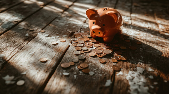 Broken piggy bank with coins scattered around, symbolizing financial struggle and the need for careful budgeting and saving.