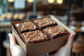 Four chocolate brownies in a takeaway box held by hands in a bakery.