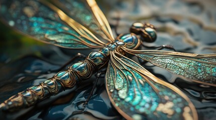 Fototapeta premium Metallic Dragonfly with Intricate Detail