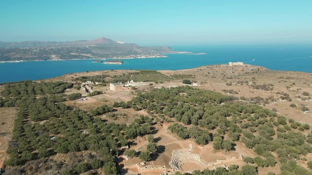 Archaeological Site And Amphitheater Of Aptera In Crete Greece Drone Track Back 4K 60FPS