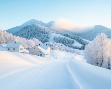 Picturesque Snowy Village in Winter Valley with Holiday Charm and Decorative Lights for Celebrations