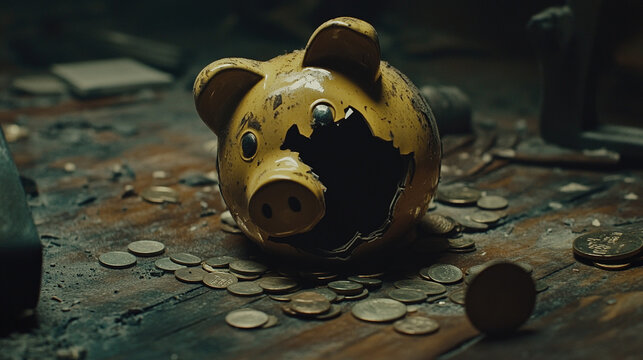 Broken piggy bank with coins scattered around, symbolizing financial struggle and the need for careful budgeting and saving.