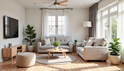 Bright modern living room with natural light and cozy decor