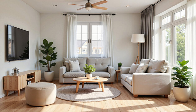 Bright modern living room with natural light and cozy decor