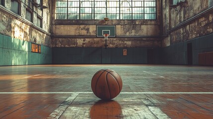 Abandoned basketball court with a ball in the middle of the worn wooden floor, under the aged, sunlit windows.
