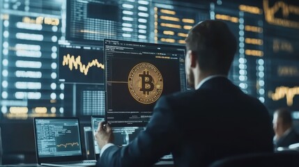 A coder explaining blockchain technology to a group of investors, bridging tech and finance, close up, investor meetup space, realistic, Overlay, finance innovation center