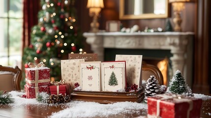 A charming holiday table setup with greeting cards in festive holders, surrounded by gift boxes and sprinkled with faux snow for a magical touch
