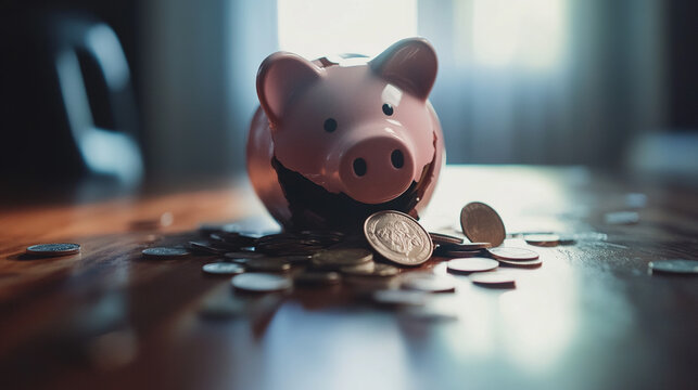 Broken piggy bank with coins scattered around, symbolizing financial struggle and the need for careful budgeting and saving.