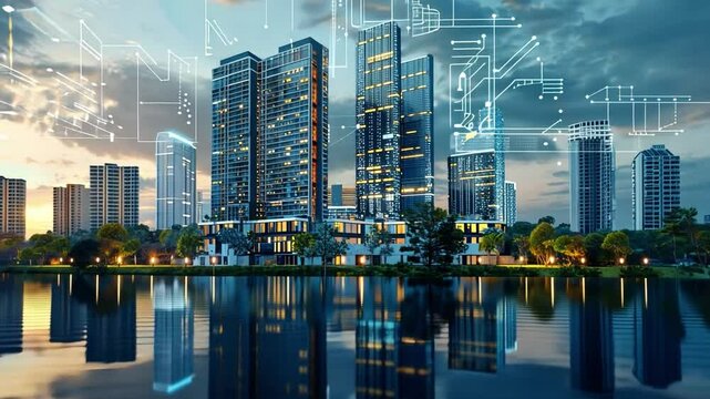 A stunning skyline features contemporary high-rise buildings with a digital overlay, as the setting sun casts vibrant colors on the water. Lush greenery line the waterfront, enhancing the view.