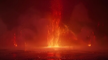 Fiery inferno erupts, fiery particles ascend, red smoke billows.