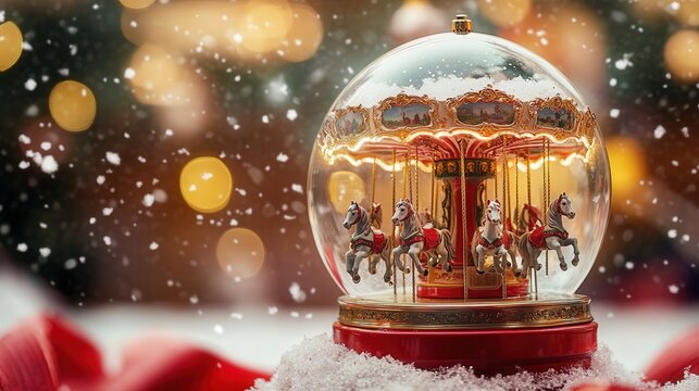 A charming snow globe showcasing a holiday carousel with tiny horses spinning as glittery snow swirls around