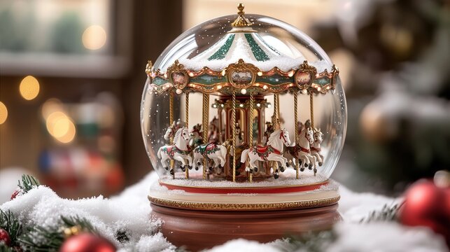 A charming snow globe showcasing a holiday carousel with tiny horses spinning as glittery snow swirls around