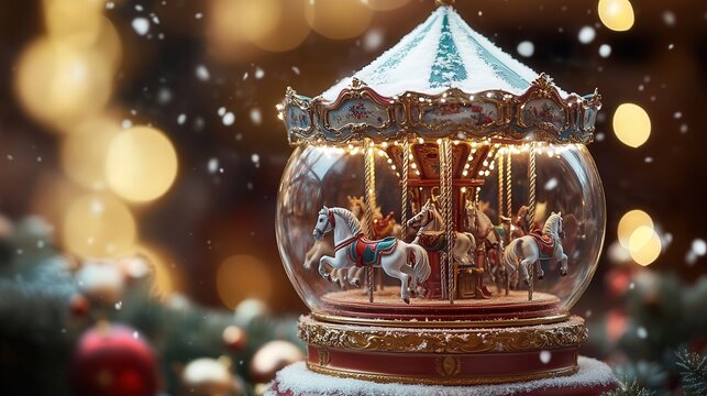A charming snow globe showcasing a holiday carousel with tiny horses spinning as glittery snow swirls around - Powered by Adobe