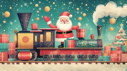 A cheerful Christmas decorative banner featuring Santa Claus in a funny pose, a nutcracker standing tall, a colorful locomotive chugging along,