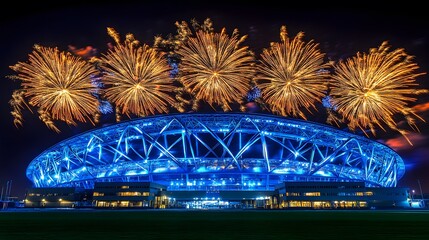 Fireworks explode over illuminated stadium at night.