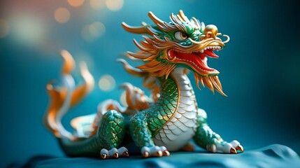 Fototapeta premium A vibrant green dragon figurine against a soft teal backdrop, perfect for fantasy-themed events, year of the dragon celebrations, or whimsical decorations.