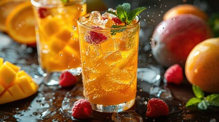 Refreshing iced tea with mango, raspberries, and mint.