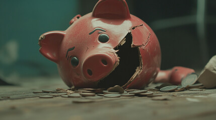 Broken piggy bank with coins scattered around, symbolizing financial struggle and the need for careful budgeting and saving.