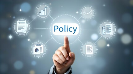 Businessperson Interacts with Policy Management System, Data Analysis, and Compliance Documents on Futuristic Interface