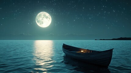 Here's a possible  and keyword list for your stock photo.. Serene moonlit night seascape with a small boat.